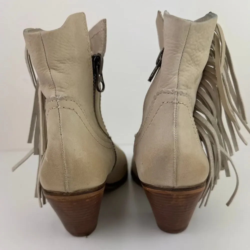SAM EDELMAN Louie Beige Suede Side Zip Western Fringe Stacked Heel Boot Size 7